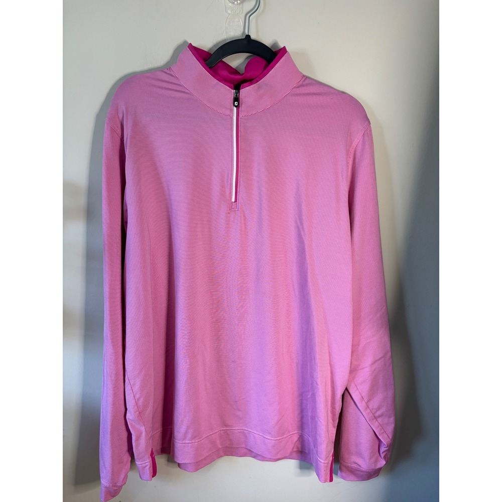 FootJoy Mens Pink Stripe Quarter Zip Golf Pullover Oak Marsh Logo Large 25242